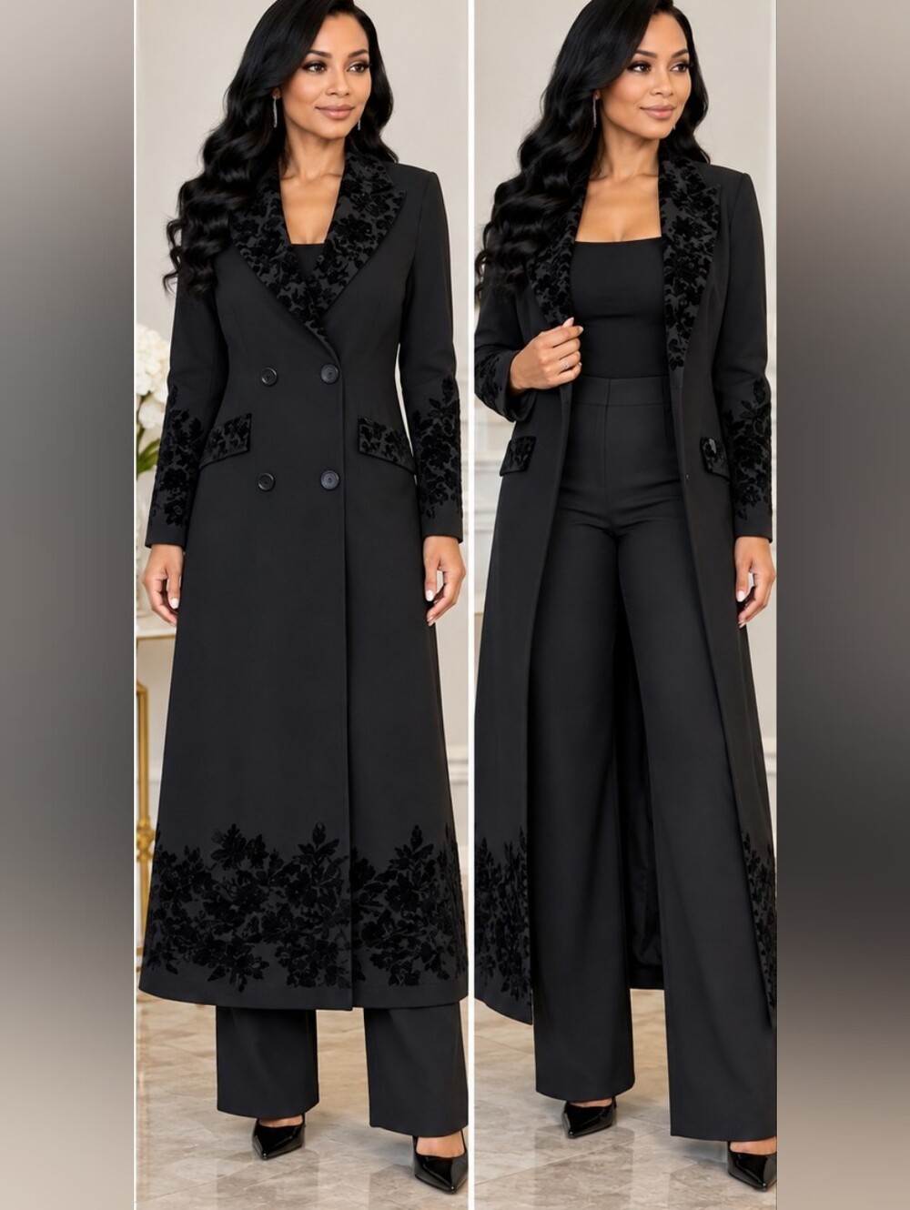 Elegant Black Floral Embroidered Long Lightweight Duster Coat